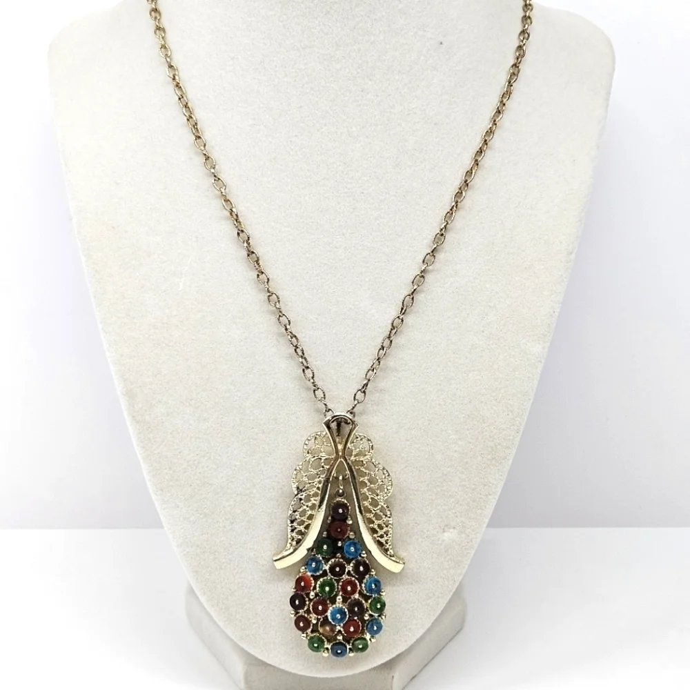 VINTAGE Unique Multicolor Pear Shaped Large Gold Tone Pendant Necklace